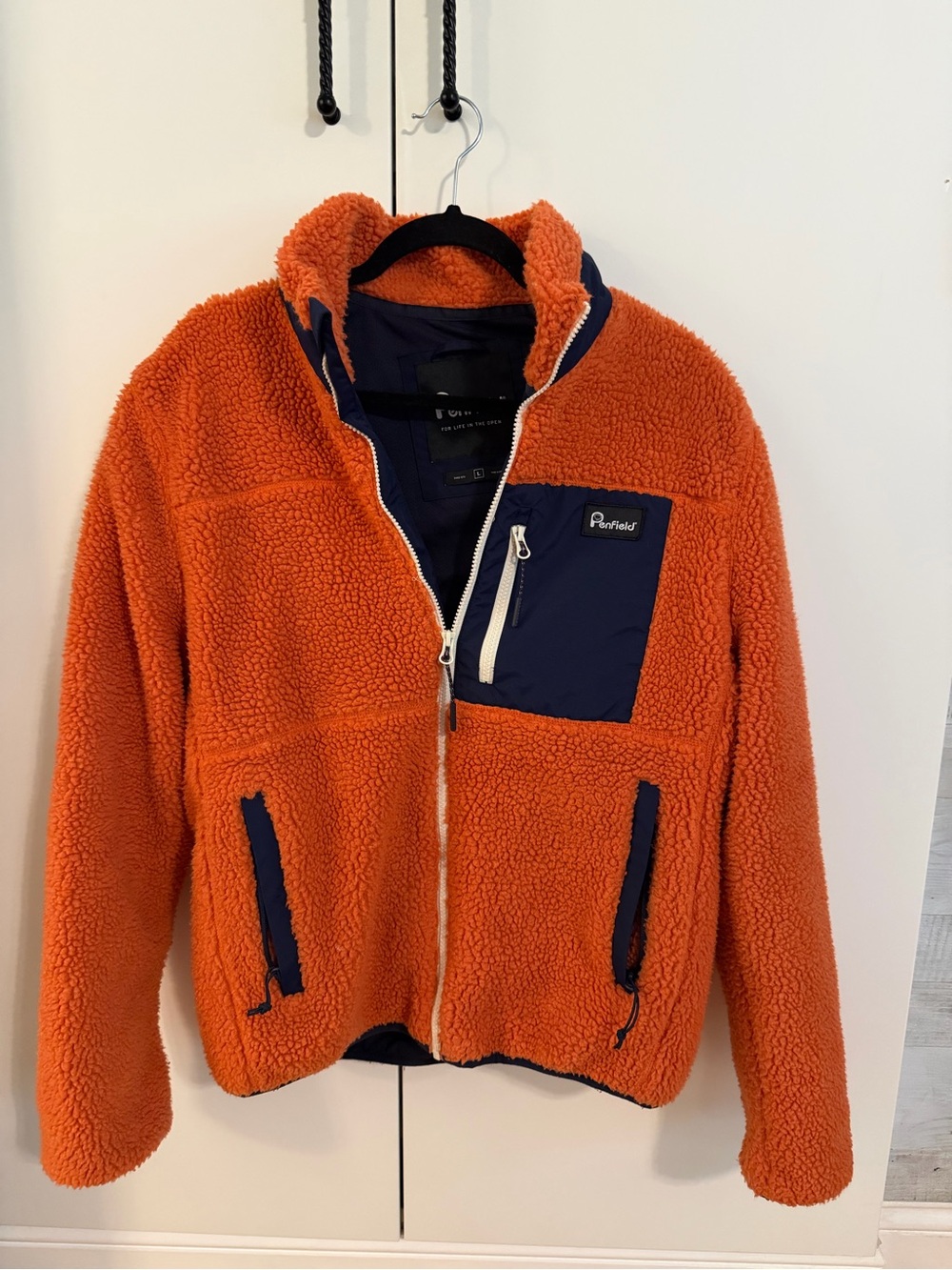 Penfield Men’s Orange Sherpa Fleece Jacket with Navy Trim